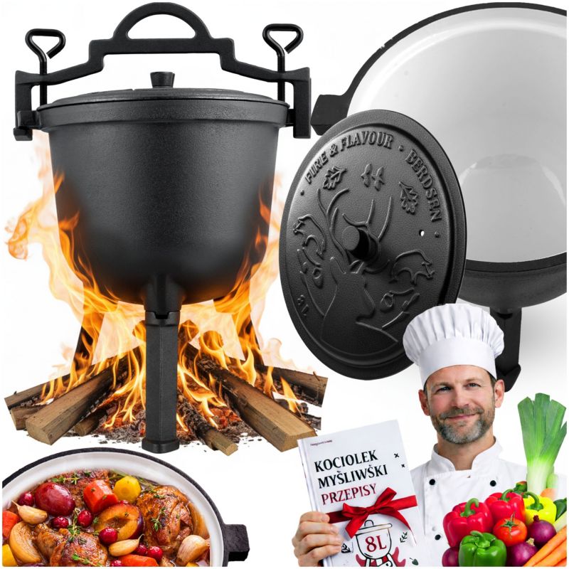 Garnek emaliowany kociołek żeliwny Berdsen BD-481 8L na ognisko grill + przepisy 1szt.