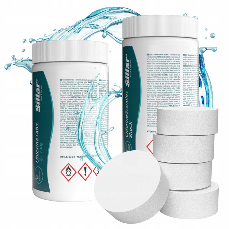 Chlor do basenu, jacuzzi, Sillar, granulat szokowy, 1kg + chlor w tabletkach 200g, 1kg, zestaw do dezynfekcji, 2szt