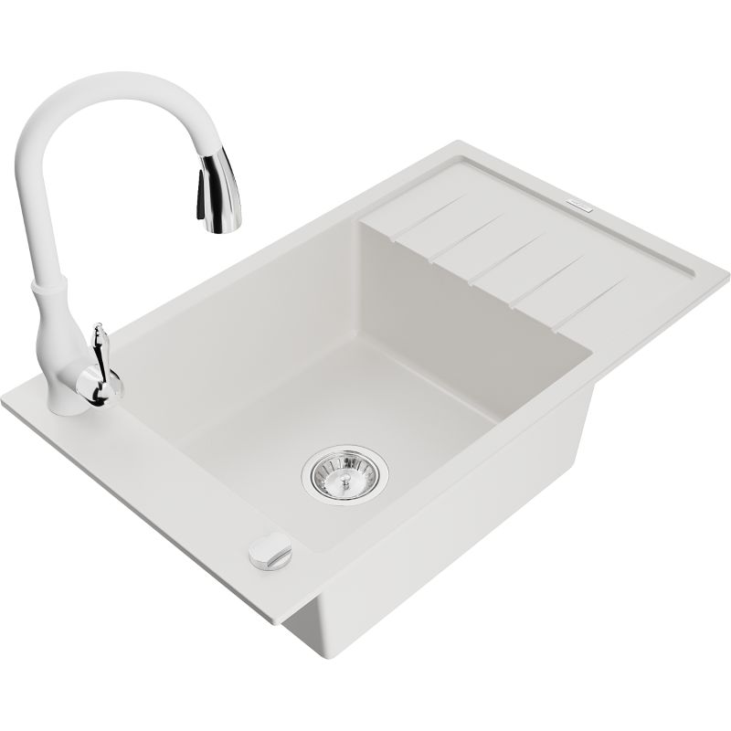 Zlewozmywak granitowy 1-komorowy Mexen Elias z ociekaczem i baterią kuchenną Savita biały 6511-20-672601-20