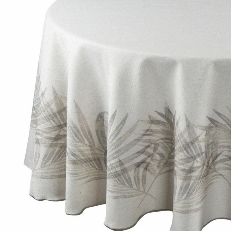 Obrus INES 11 Eurofirany 150 cm okrągły beżowy z nadrukowanym motywem liści palmowych 1 szt.