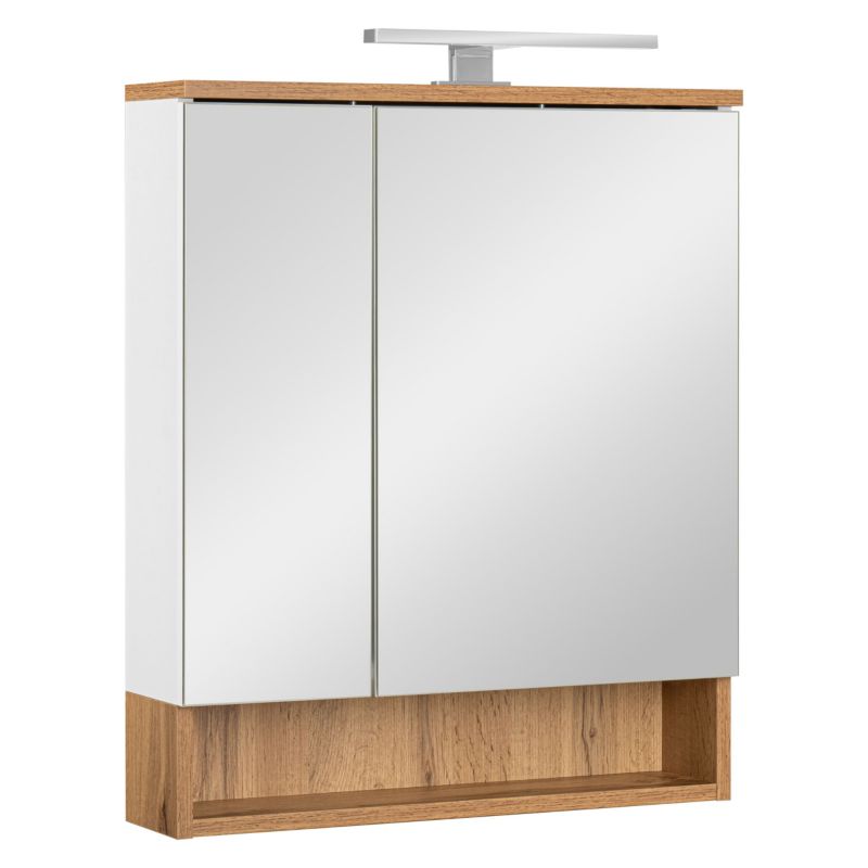 Szafka łazienkowa z lustrem MyFurni, 60 cm, biała matowa, dąb wotan, oświetlenie LED, wisząca, lustrzana, 1 kpl.