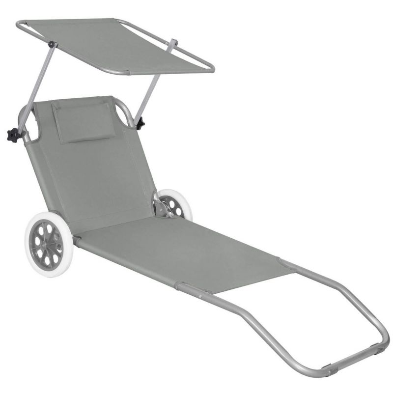 Leżak ogrodowy z kółkami i daszkiem Springos składany szary 1 szt.