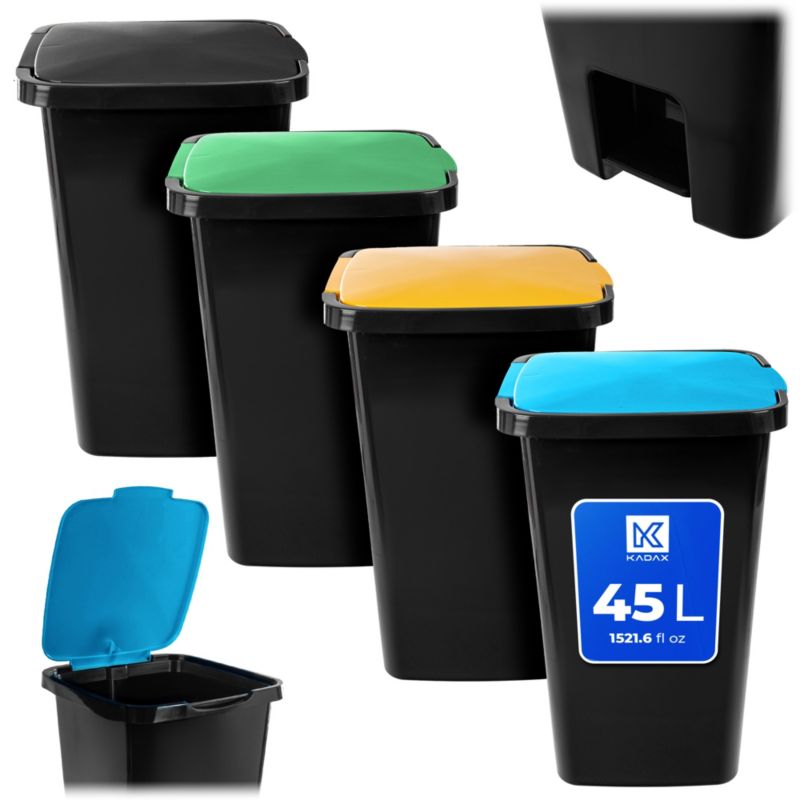 Kosze KADAX na śmieci 45L Do Segregacji czarny, zielony, żółty, niebieski 4 szt.