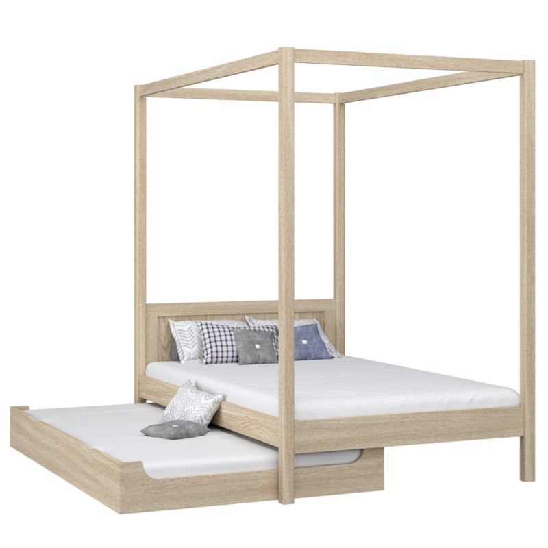 Dębowe łóżko N-WOOD pojedyncze z baldachimem i szufladą na dodatkowy materac N02 dąb bielony 90x180 1szt.