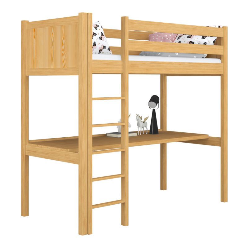 Drewniane łóżko N-WOOD na antresoli z biurkiem N06 sosna naturalna 80x180 1szt.