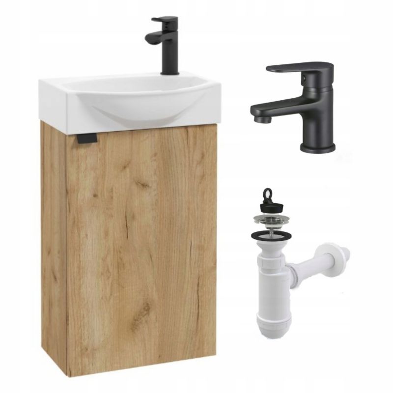 Szafka Łazienkowa Stamar Dąb Craft Złoty Mat z Umywalką 400 mm Bateria Czarna Mała 1 szt