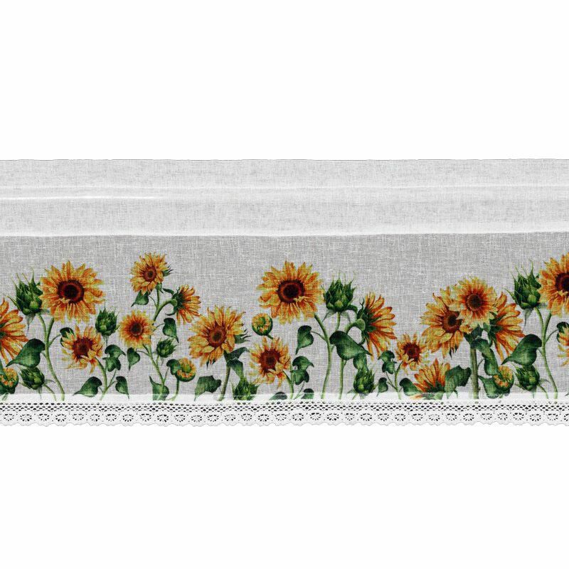 Firana zazdrostka HELIA Eurofiray 30 x 150 cm biała siateczka z nadrukiem słoneczników zdobiona koronką 1 szt.