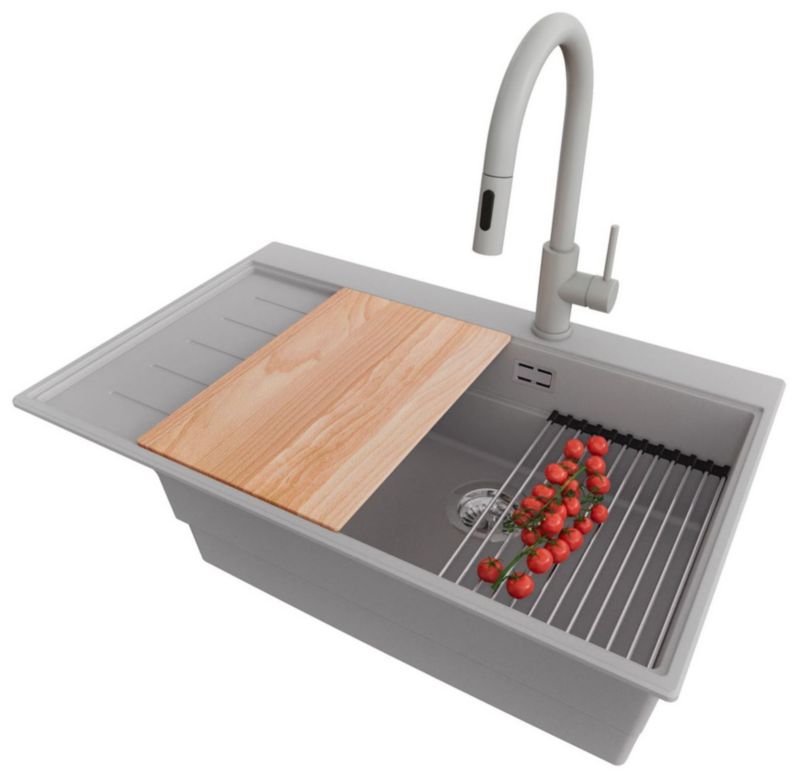 Zlewozmywak Granitowy Sydney PRIMAGRAN Nablatowy 78x50cm do szafki od 60cm, Szary + Bateria 40x20cm + Syfon + Akcesoria, , 1 szt.