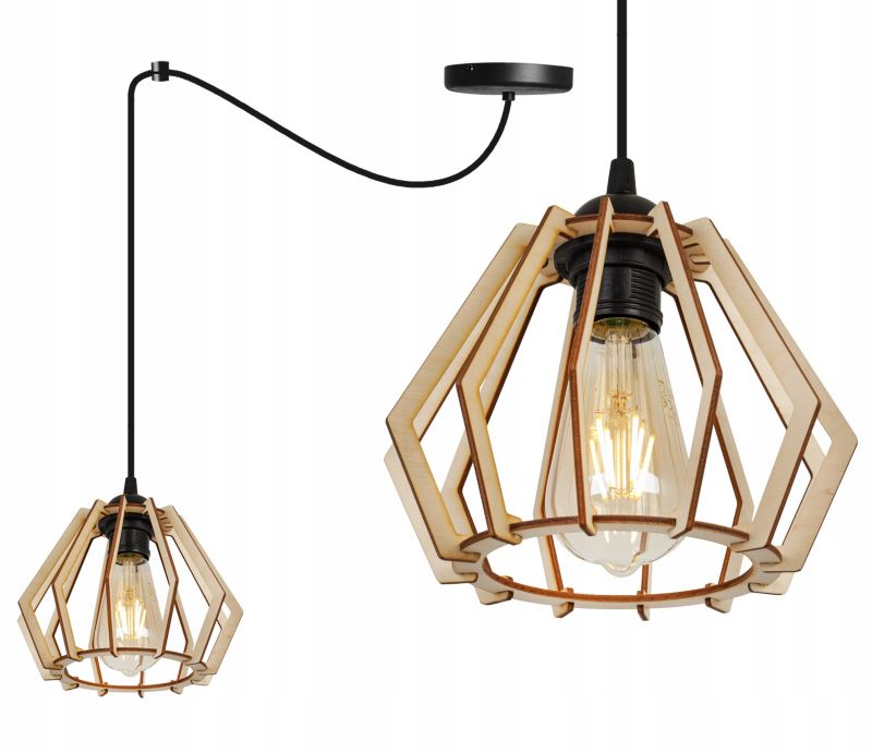 Lampa sufitowe wisząca Light Home LH Timber Spider 1x E27 60W klosz drewno diament naturalny/czarny 1szt.