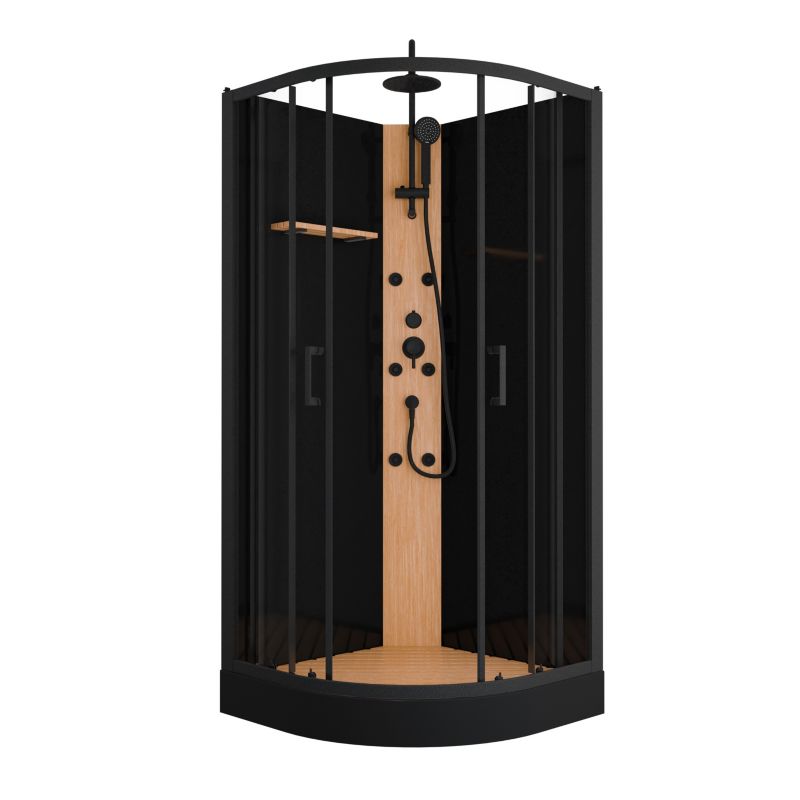Kabina prysznicowa Durasan półokrągła z hydromasażem WOODY 90x90 + niski czarny brodzik w zestawie 1 szt.