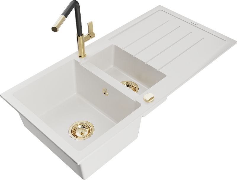 Zlewozmywak granitowy Mexen Andres 1,5-komorowy z ociekaczem i baterią kuchenną Flora biały 6515-20-670401-57-G