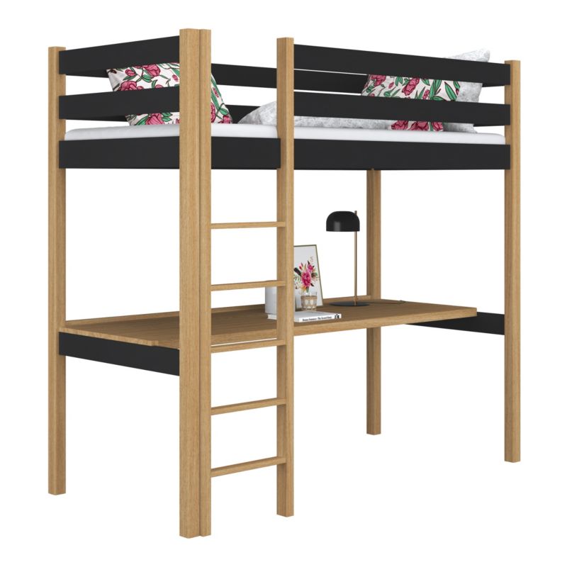 Drewniane łóżko N-WOOD na antresoli z biurkiem N05 czarno dębowy 80x180 1szt.