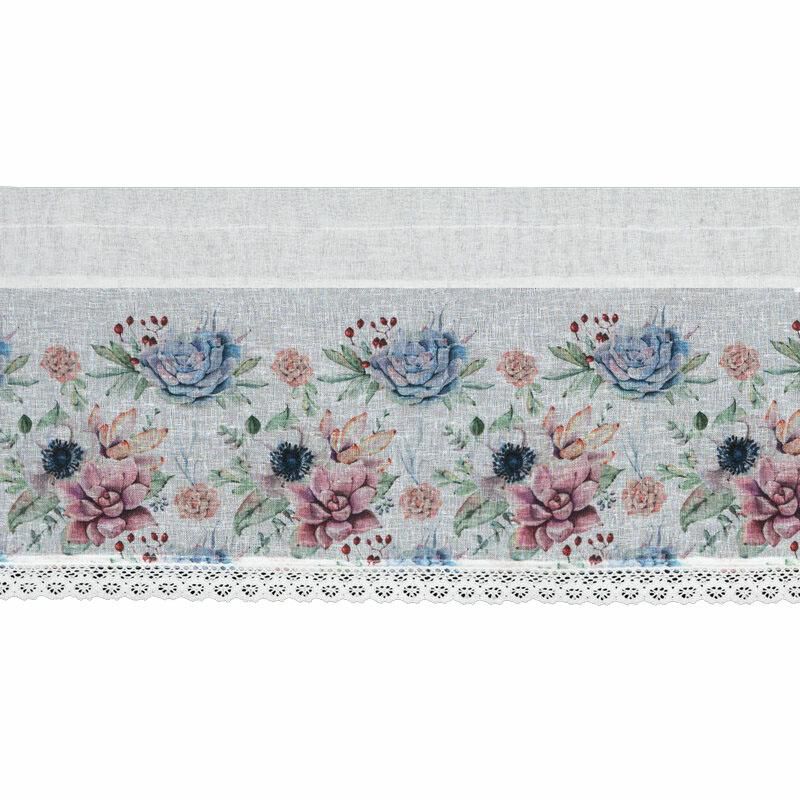 Firana zazdrostka DORA Eurofirany 30 x 150 cm biała etamina z koronką i nadrukiem barwnych kwiatów 1 szt.