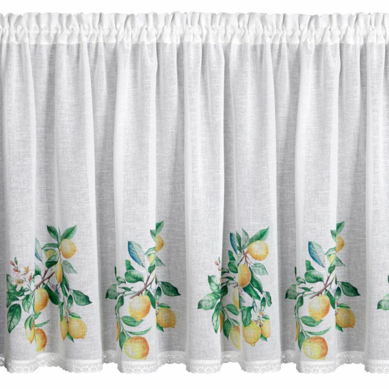 Firana zazdrostka Eurofirany CLOE 90 x 150 cm koronka z białej etaminy zdobiona nadrukiem cytryn 1 szt.