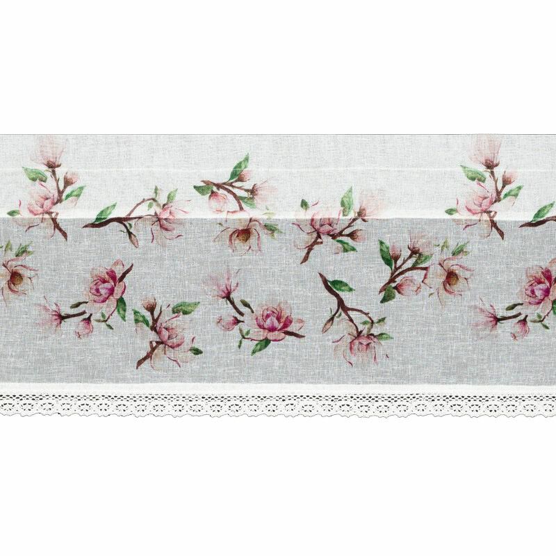 Firana zazdrostka ARI Eurofirany 30 x 150 cm biała etamina z koronką i nadrukiem kwiatów magnolii 1 szt.