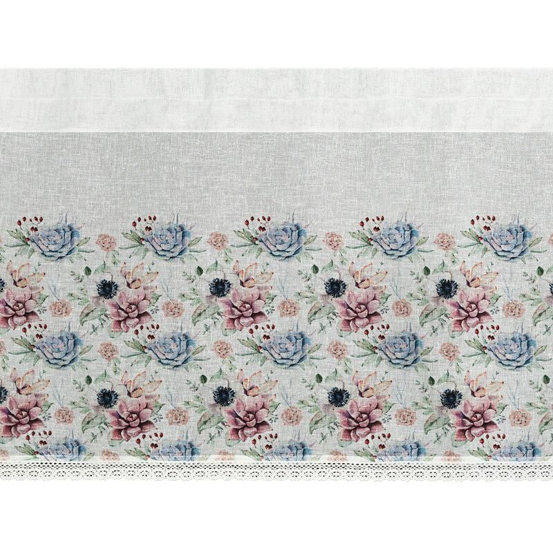 Firana zazdrostka DORA Eurofirany 60 x 150 cm biała etamina z koronką i nadrukiem barwnych kwiatów 1 szt.