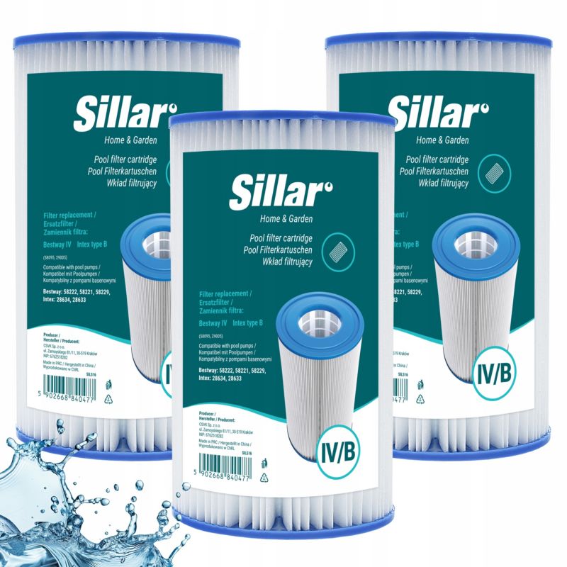 Wkład do pompy basenowej, Sillar, filtr wody, zamiennik do Bestway Typ IV, Intex Typ IV B, 3szt
