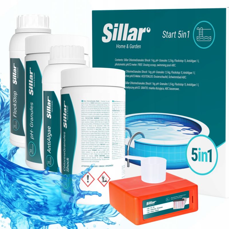 Zestaw do czyszczenia basenu, jacuzzi, Sillar, 5w1, chlor, balancer pH, antyglon, tester, 5szt