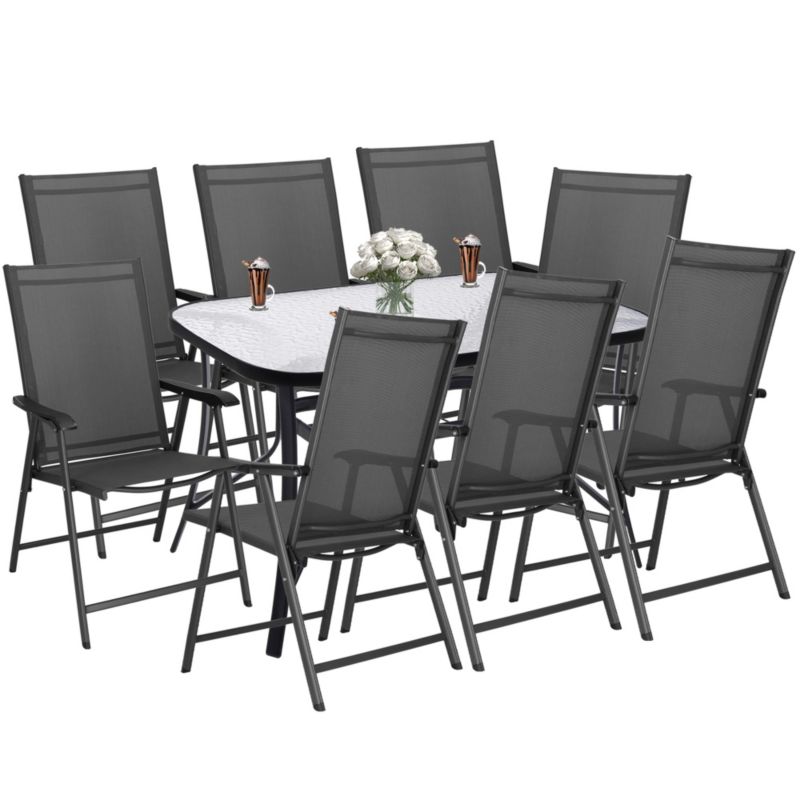 Meble ogrodowe, komplet na balkon dla 8 osób Springos metalowe 8 krzeseł i stół z szkła hartowanego czarno-szary 1 kpl.