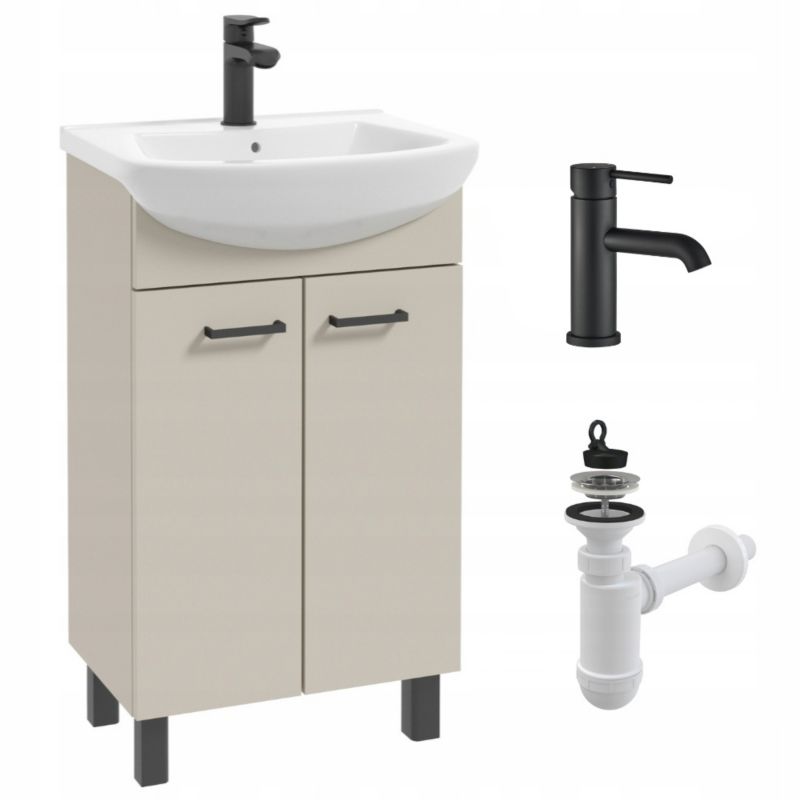 Szafka Łazienkowa Stamar z Umywalką 500 mm Kaszmir Beż Matowa Stojąca Bateria Czarna 1szt