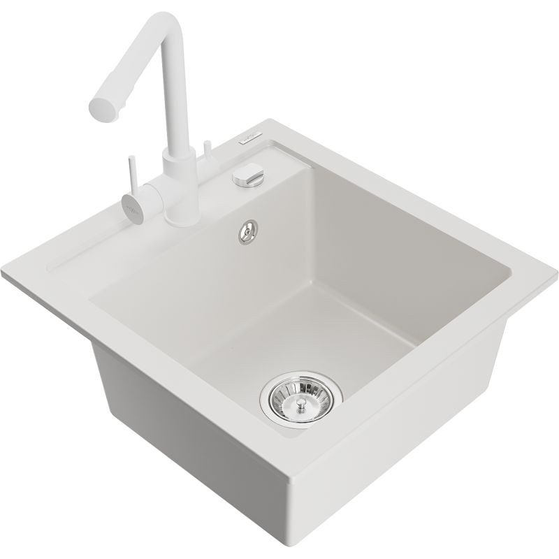 Zlewozmywak granitowy 1-komorowy Mexen Vito z baterią kuchenną Duero biały 6503-20-671600-20