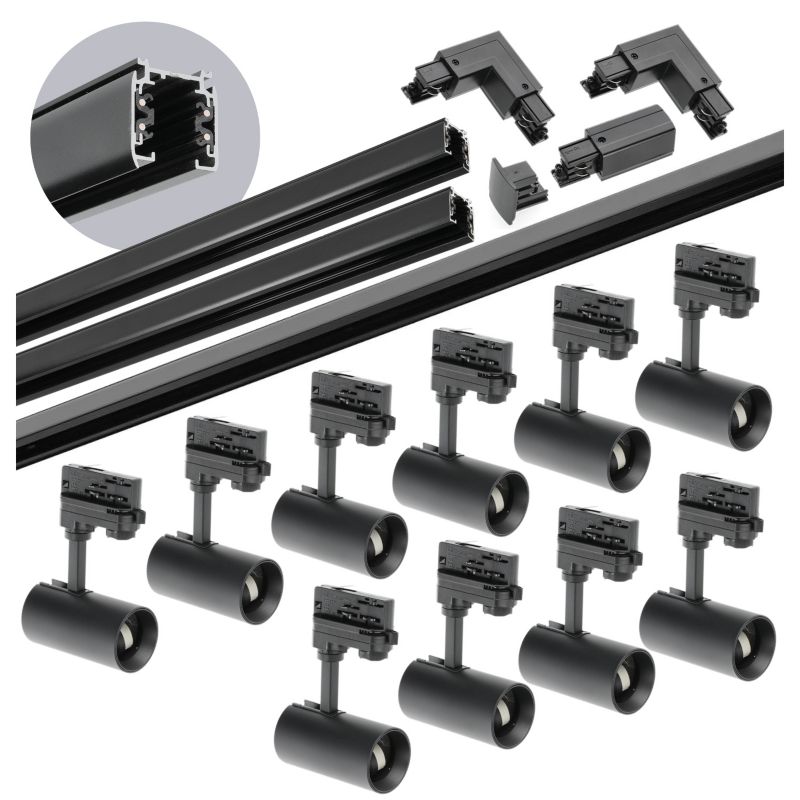 Zestaw szynowy 3 fazowy Kobi 1m+1m+2m, 10x Lampa, łącznik L czarny 1kpl.
