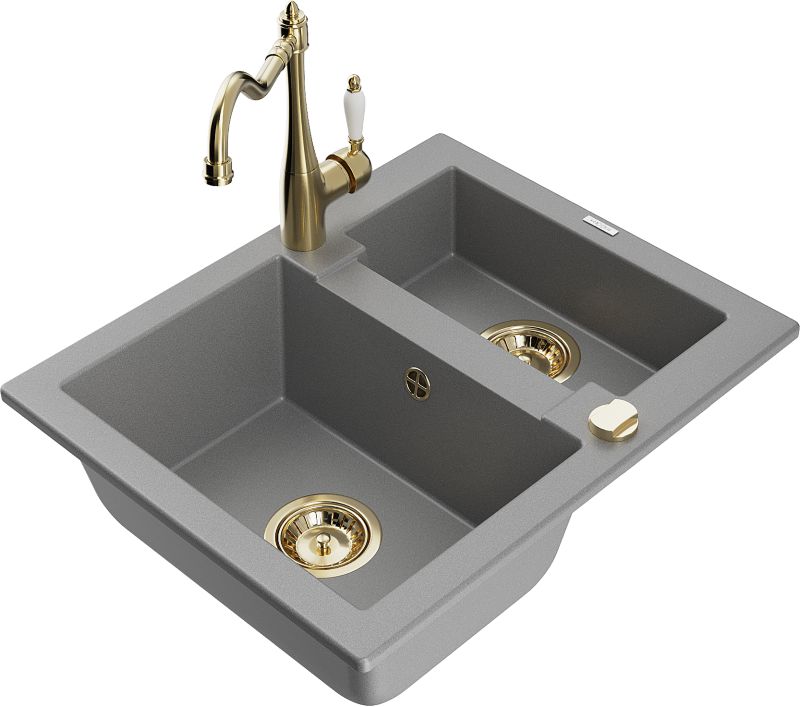 Zlewozmywak granitowy Mexen Carlos 1,5-komorowy z baterią kuchenną Carla szary 6518-71-670700-50