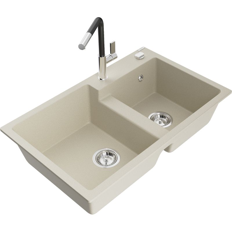 Zlewozmywak granitowy 2-komorowy Mexen Tomas z baterią kuchenną Flora beżowy 6516-69-670401-07