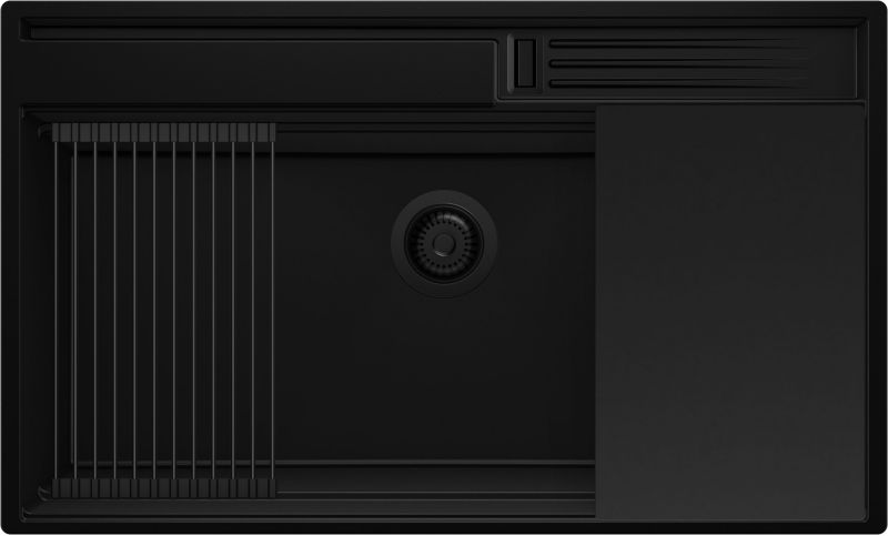 Zlewozmywak Oslo Pocket PRIMAGRAN Nablatowy 88x53cm do szafki od 90cm, Cały Czarny + Syfon + Akcesoria, S477, 1 szt.