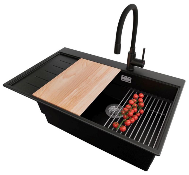 Zlewozmywak Granitowy Sydney PRIMAGRAN Nablatowy 78x50cm do szafki od 60cm, Czarny + Bateria + Syfon + Akcesoria, , 1 szt.