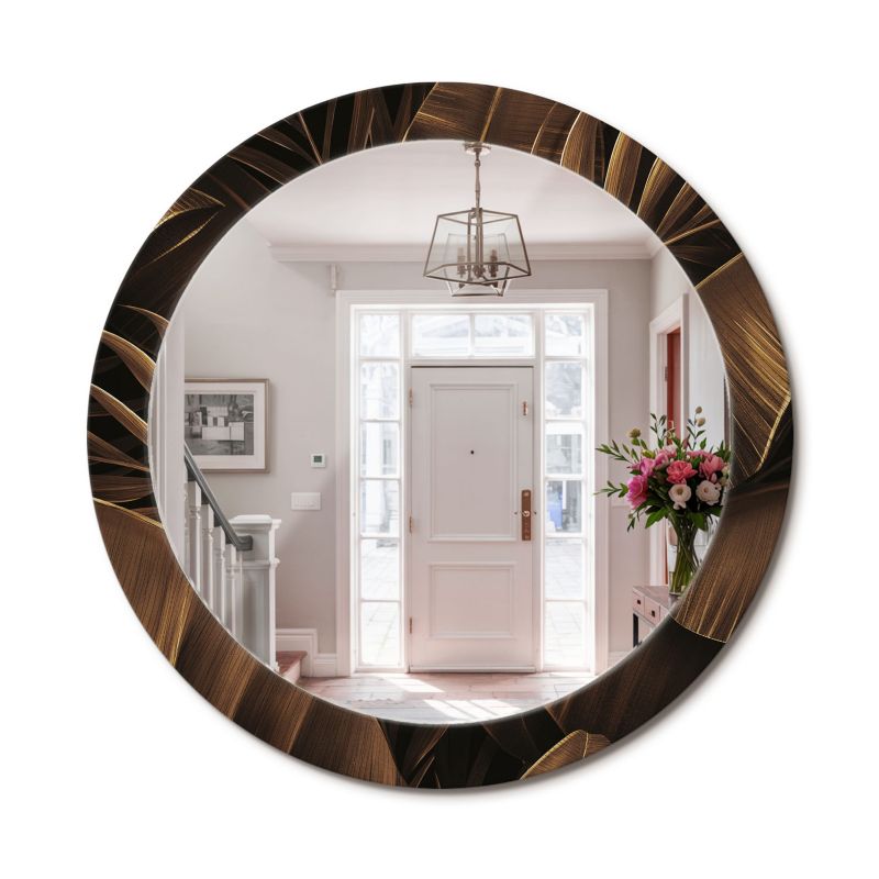 Lustro Dekoracyjne Okrągłe ArtPrintCave 80 cm Brązowe Liście Bananowca w Szklanej Ramie z Nadrukiem do Garderoby 1 szt.