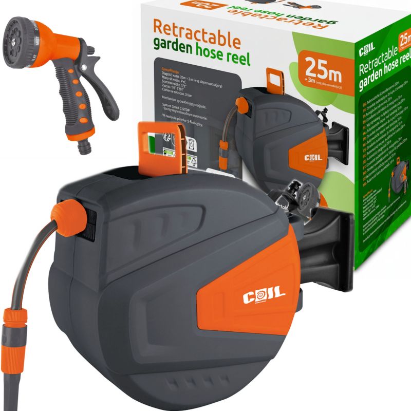 Wąż ogrodowy 25m COIL mocny na bębnie + zwijacz + pistolet 9-funkcyjny 1 szt.