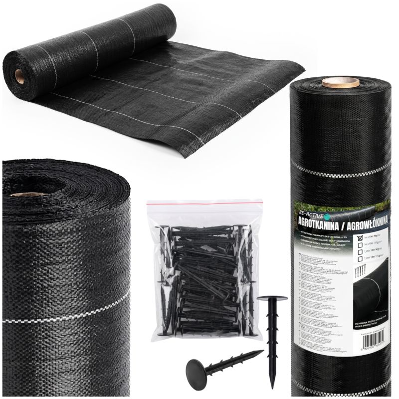 Agrowłóknina na chwasty Be-active.pl mocna 1x50m 90g/m² na rabaty pod tuje z 50 kołkami czarna 1 szt.