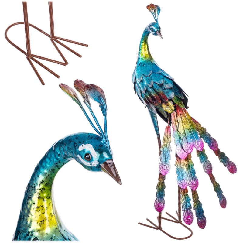 Figura ogrodowa KADAX paw realistyczna dekoracja do ogrodu 78 cm stalowa kolorowa, 1 szt.