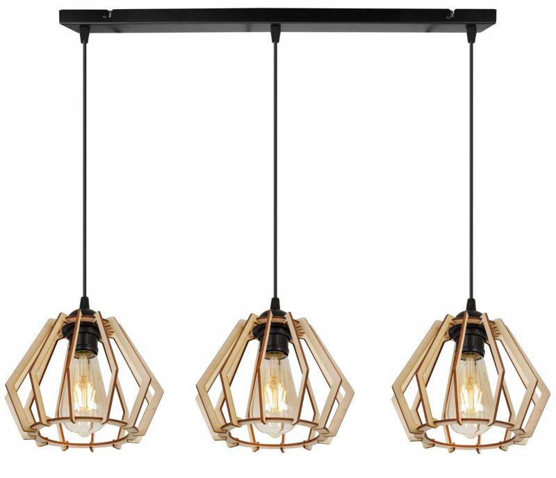 Lampa sufitowe wisząca Light Home LH Timber drewno diament 3x E27 60W czarny 1szt.