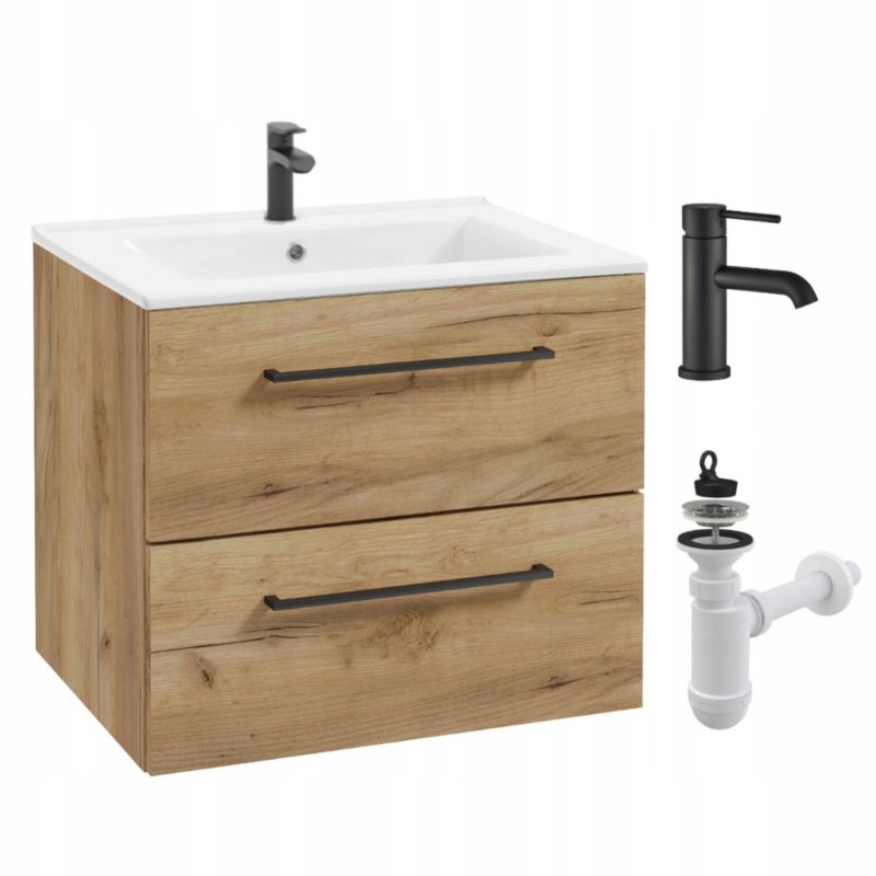 Szafka Łazienkowa Stamar z Umywalką 500 mm Dąb Złoty Soft Close Wisząca Bateria Czarna 1 szt