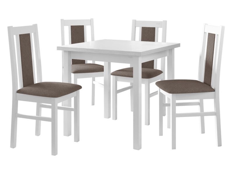 Zestaw DR05 MIRJAN 24 Stół Max IX 80 + 4 krzesła Bos 14 biały + jasnobrązowa tapicerka 1 kpl.