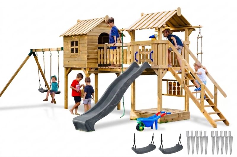 Plac zabaw dla dzieci Meblogród Mała Kraina antracytowa zjeżdżalnia i huśtawki, domek, wieża, mostek, piaskownica, drabinka, 1kpl