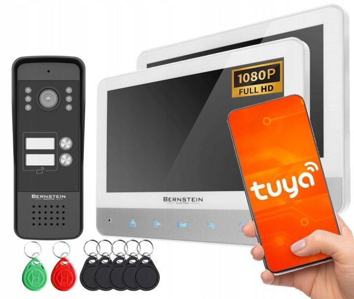 WIDEODOMOFON DWURODZINNY BERNSTEIN czytnik breloków aplikacja TUYA otwieranie furtka brama zestaw