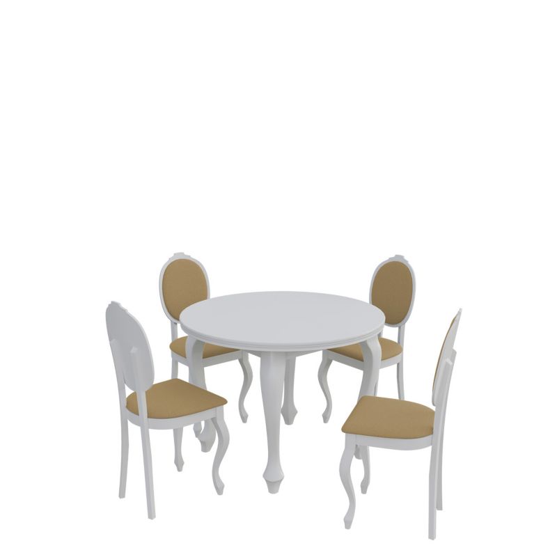 Zestaw RO05 MIRJAN 24 Okrągły stół rozkładany S04 100/140 + 4 krzesła K76 biały + piaskowy 1 kpl.