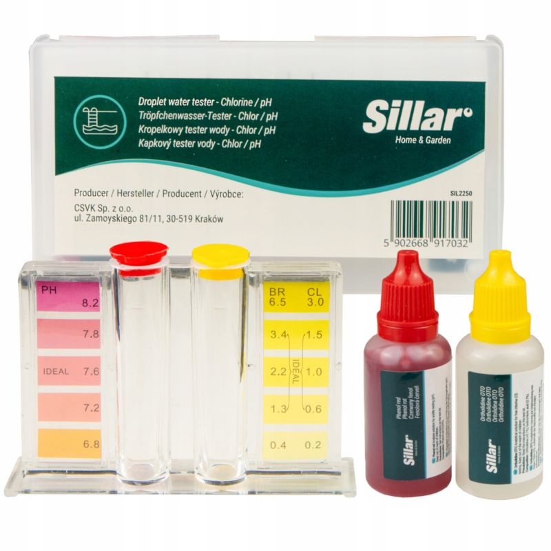 Tester kropelkowy, Sillar, miernik poziomu chloru, pH, do basenu, jacuzzi, zestaw ze skalą, próbówkami, 1szt