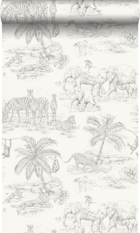 Tapeta Origin Wallcoverings zwierzęta dżungli w błyszczącej bieliIsrebrnoszarym 53 cm x 10.05 m - 1 rol.