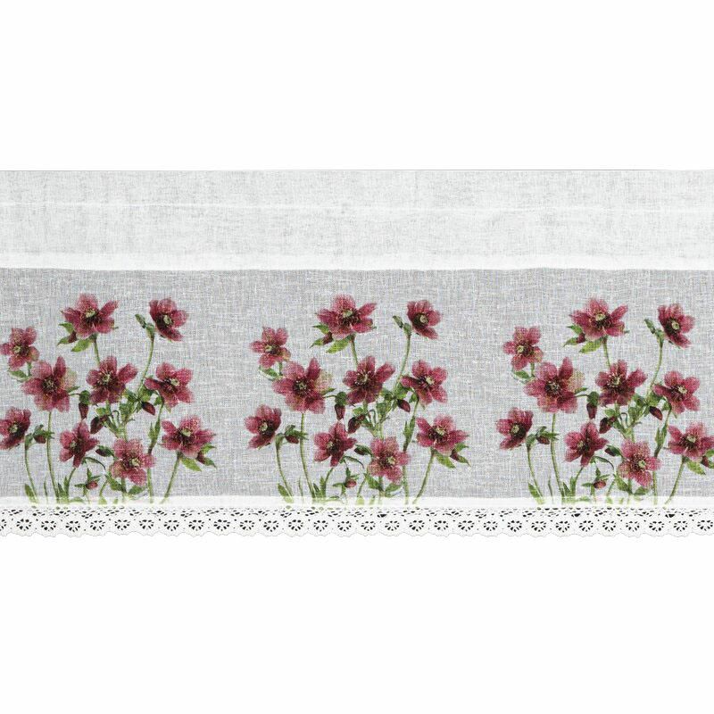 Firana zazdrostka ISA Eurofirany 30 x 150 cm biała z etaminy zdobiona nadrukiem bordowych kwiatów i koronką 1 szt.