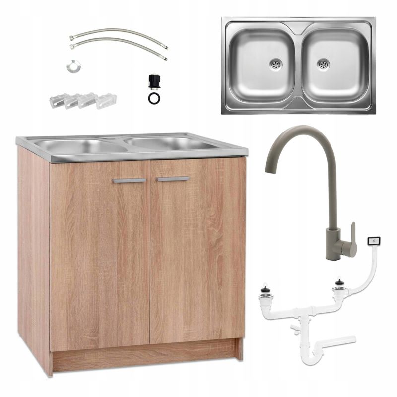 Szafka Kuchenna Stamar Dąb Sonoma 800x500 mm Zlew 2 Komory Bateria Wysoka Oliwka Syfon 1 szt