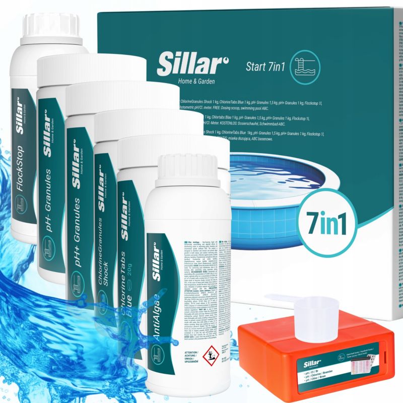 Zestaw do czyszczenia basenu, jacuzzi, Sillar, 7w1, chlor, balancer pH, antyglon, tester, 7szt