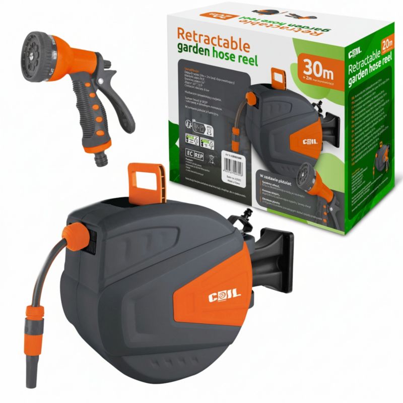 Wąż ogrodowy 30m COIL mocny na bębnie + zwijacz + pistolet 9-funkcyjny 1 szt.