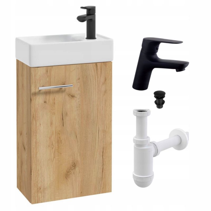 Szafka Łazienkowa Stamar Z Umywalką 400 mm Wisząca Mała Dąb Craft Bateria Czarna 1 szt