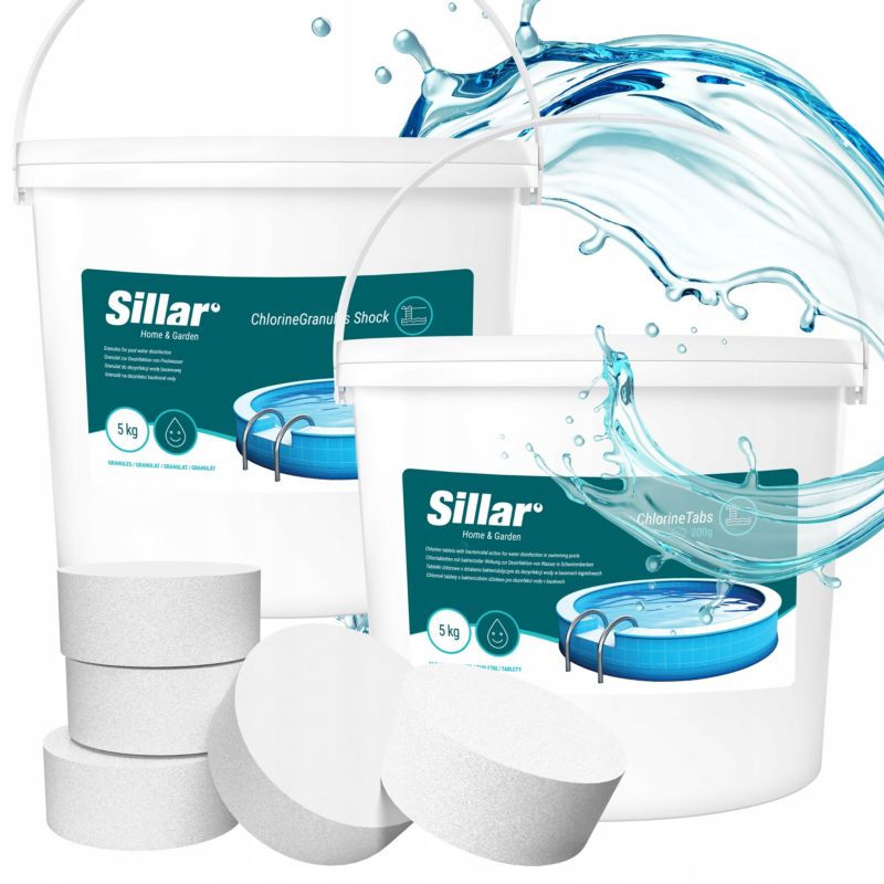 Chlor do basenu, jacuzzi, Sillar, granulat szokowy, 5kg + chlor w tabletkach 200g, 5kg, zestaw do dezynfekcji, 2szt
