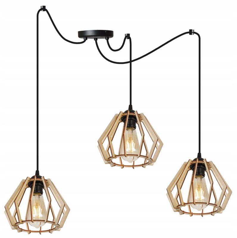 Lampa sufitowe wisząca Light Home LH Timber Spider 3x E27 60W klosz drewno diament naturalny/czarny 1szt.