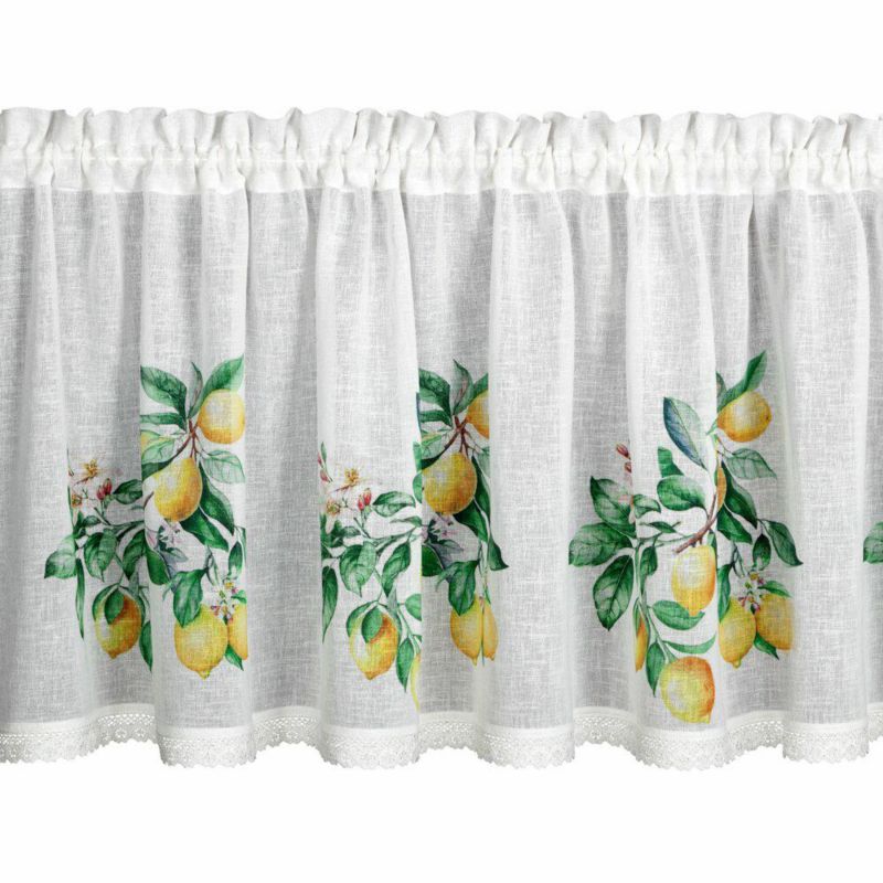 Firana zazdrostka Eurofirany CLOE 60 x 150 cm koronka z białej etaminy zdobiona nadrukiem cytryn 1 szt.